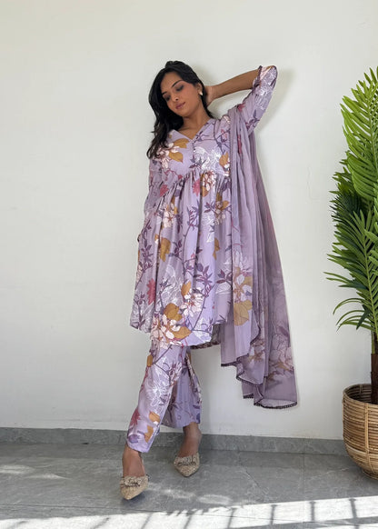 Purple Floral Printed Suit Set with Dupatta  Elegant Ethnic Wear D6173 - kharidari