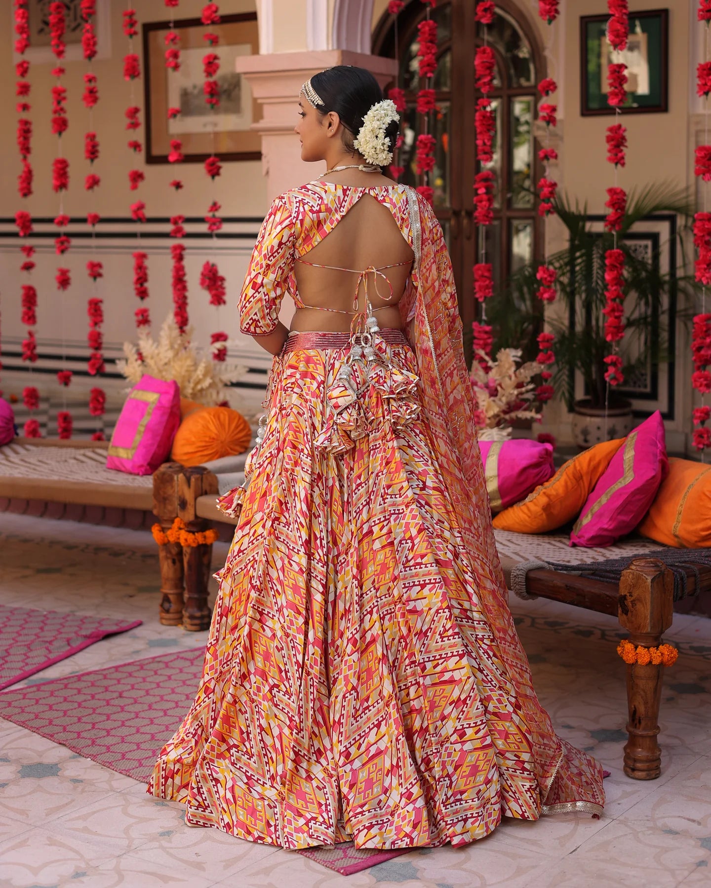 Creamy Crimson Blaze Printed Satin Lehenga Set D5001