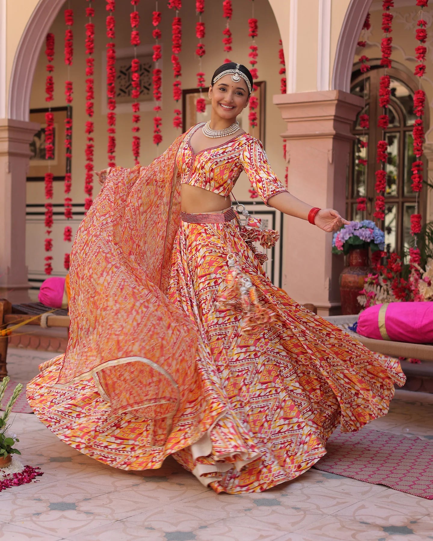 Creamy Crimson Blaze Printed Satin Lehenga Set D5001