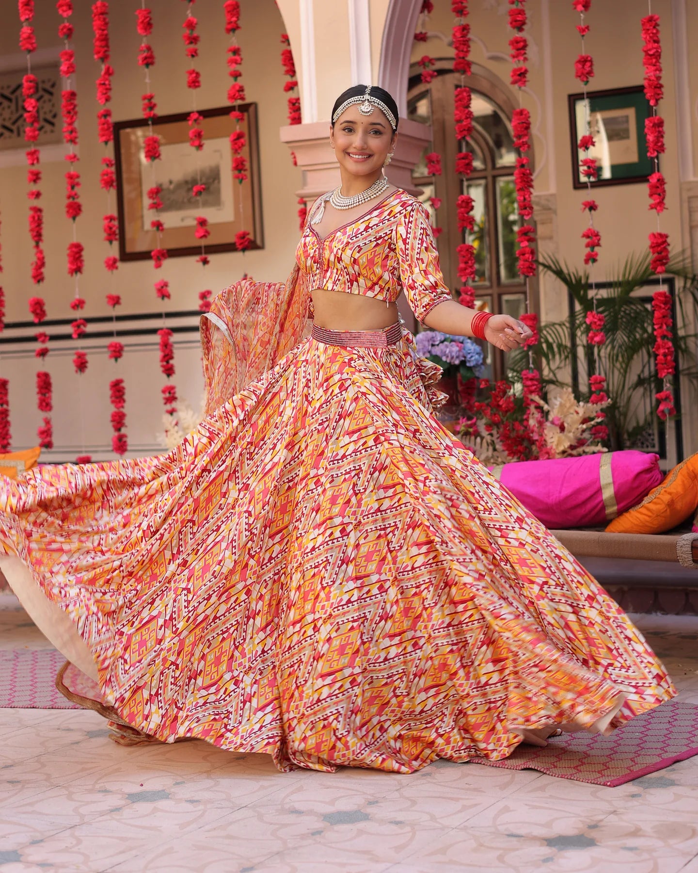 Creamy Crimson Blaze Printed Satin Lehenga Set D5001