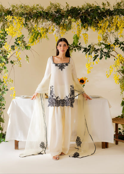 Ivory White Ensemble with Intricate Black Threadwork Square Neck Kurta Set  D6323