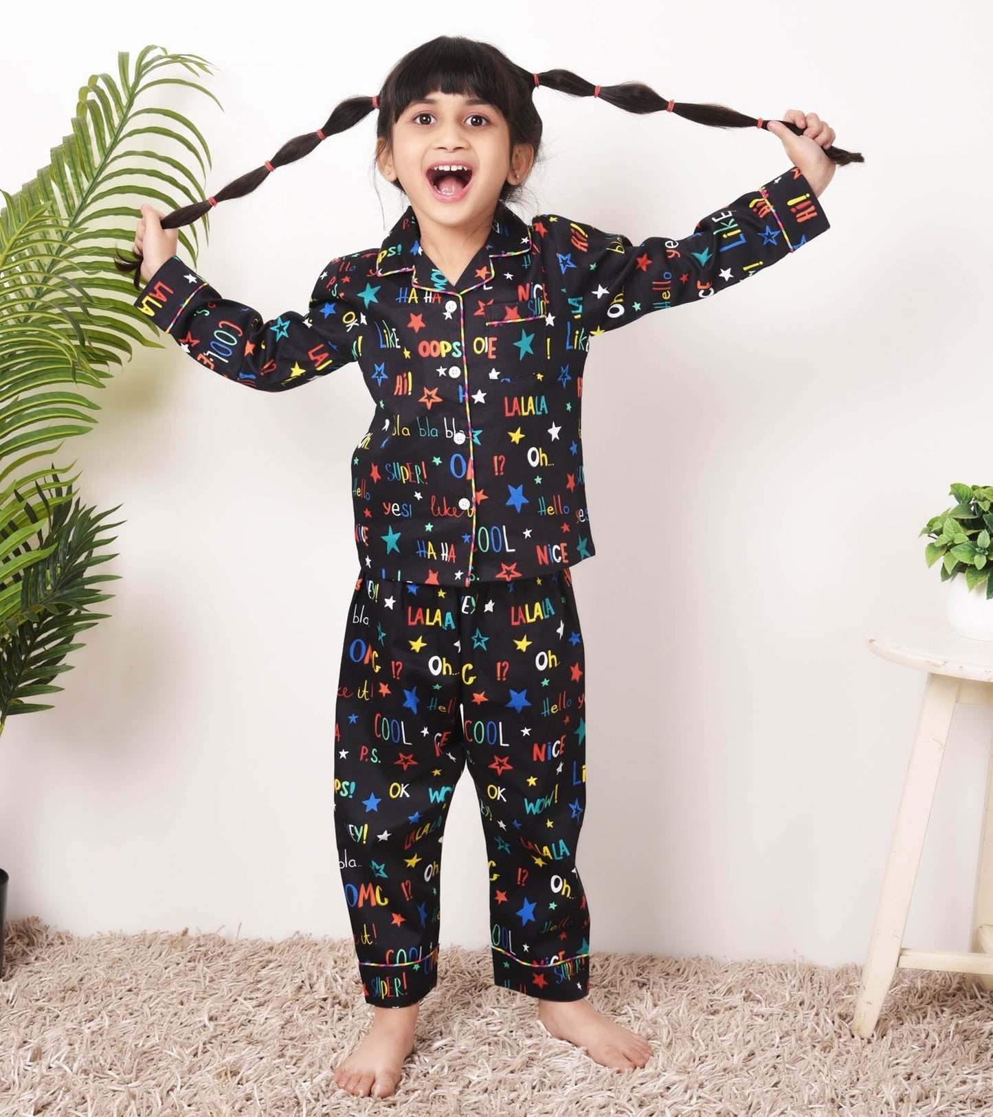 Black Text Print Trendy Girls Nightsuit Set D117