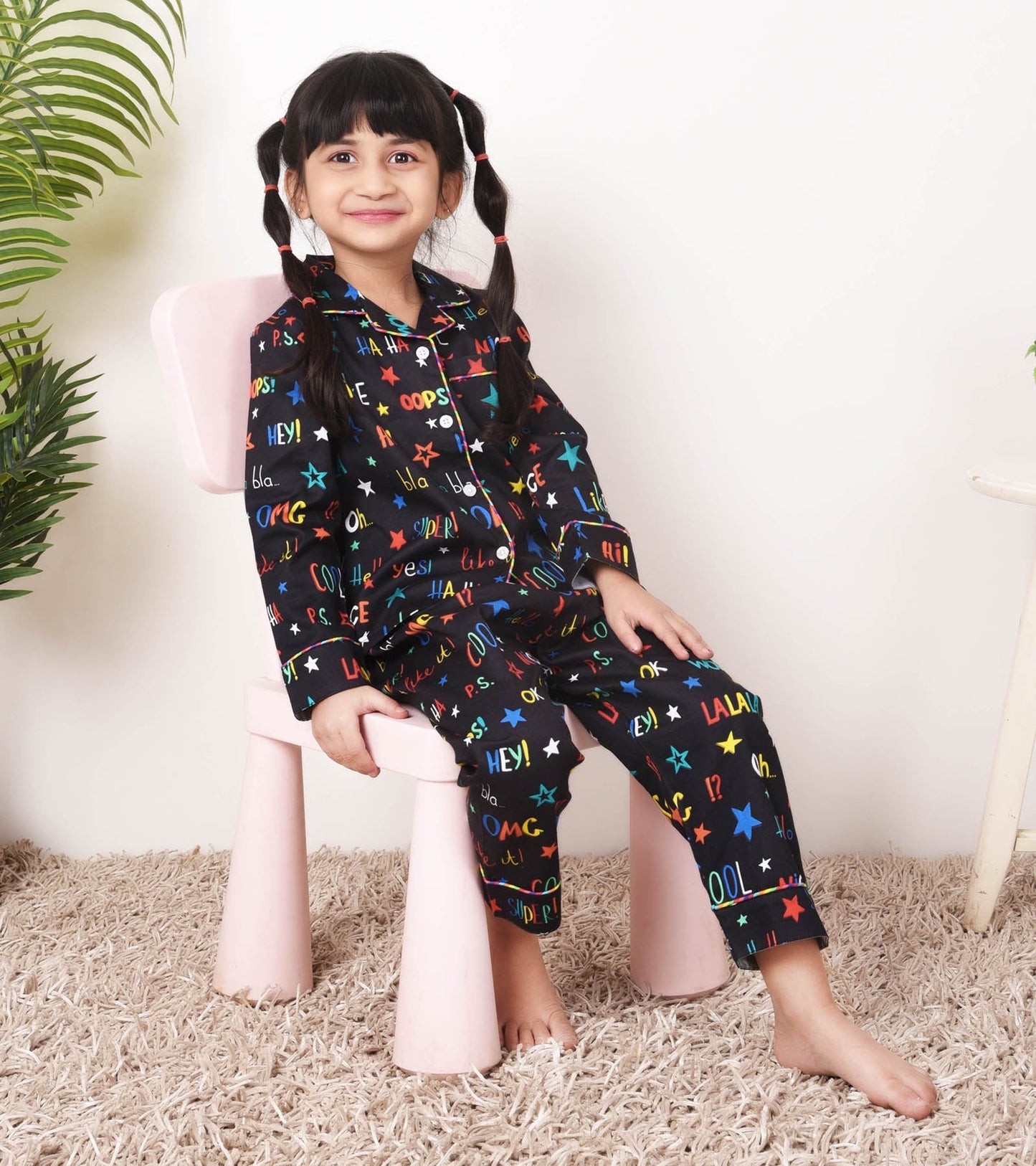 Black Text Print Trendy Girls Nightsuit Set D117