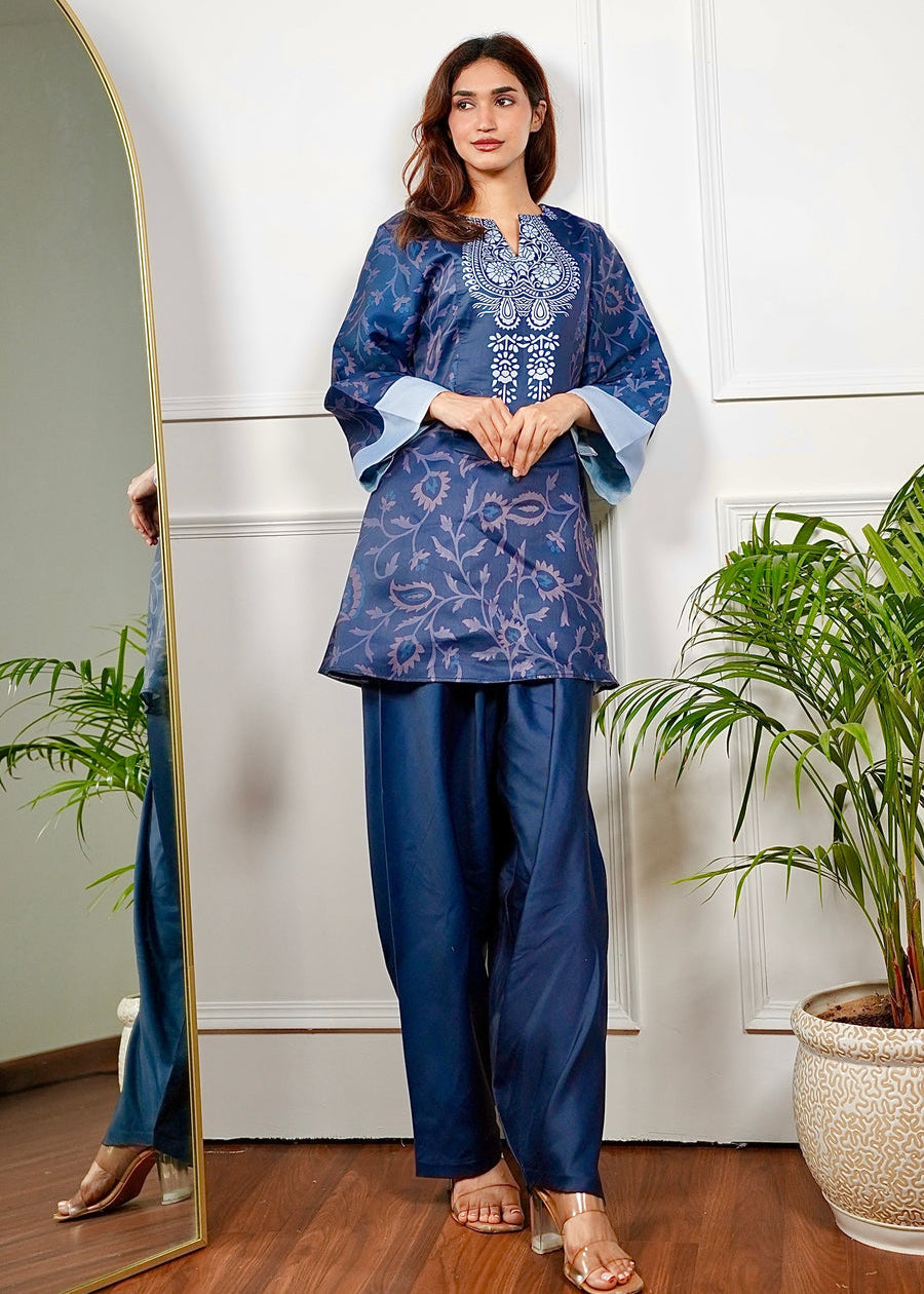 Navy Blue Printed Rayon Co-ord Set with Contrast Detailing D6291