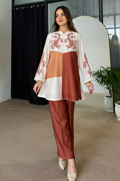 Tan Color Block  Coord Set D6048 - kharidari