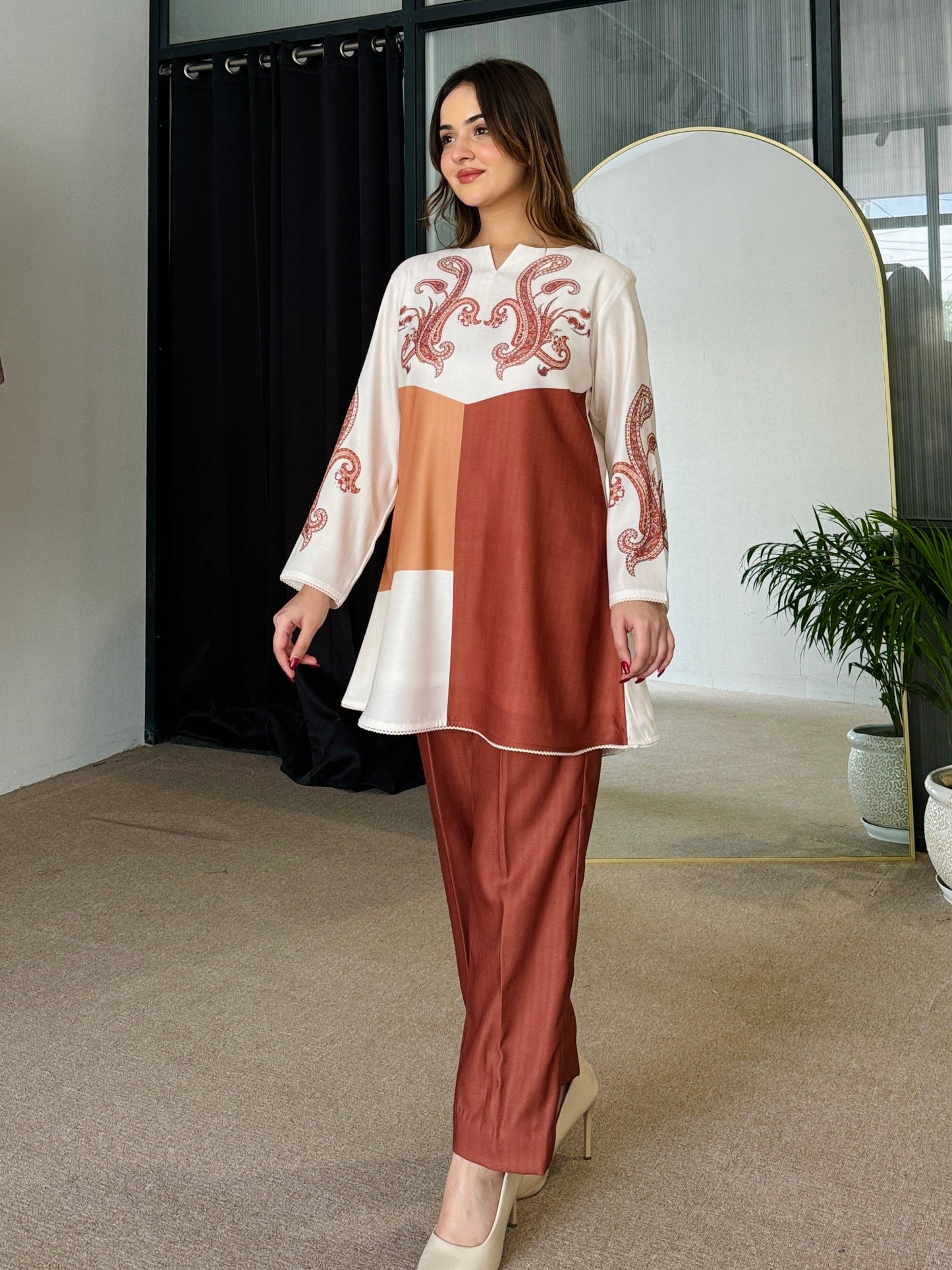 Tan Color Block  Coord Set D6048 - kharidari