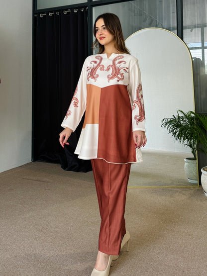 Tan Color Block  Coord Set D6048 - kharidari