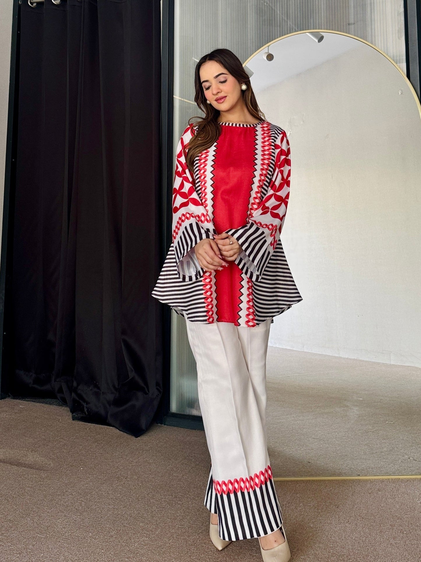 Red & White Fusion Co-ord Set D6077 - kharidari