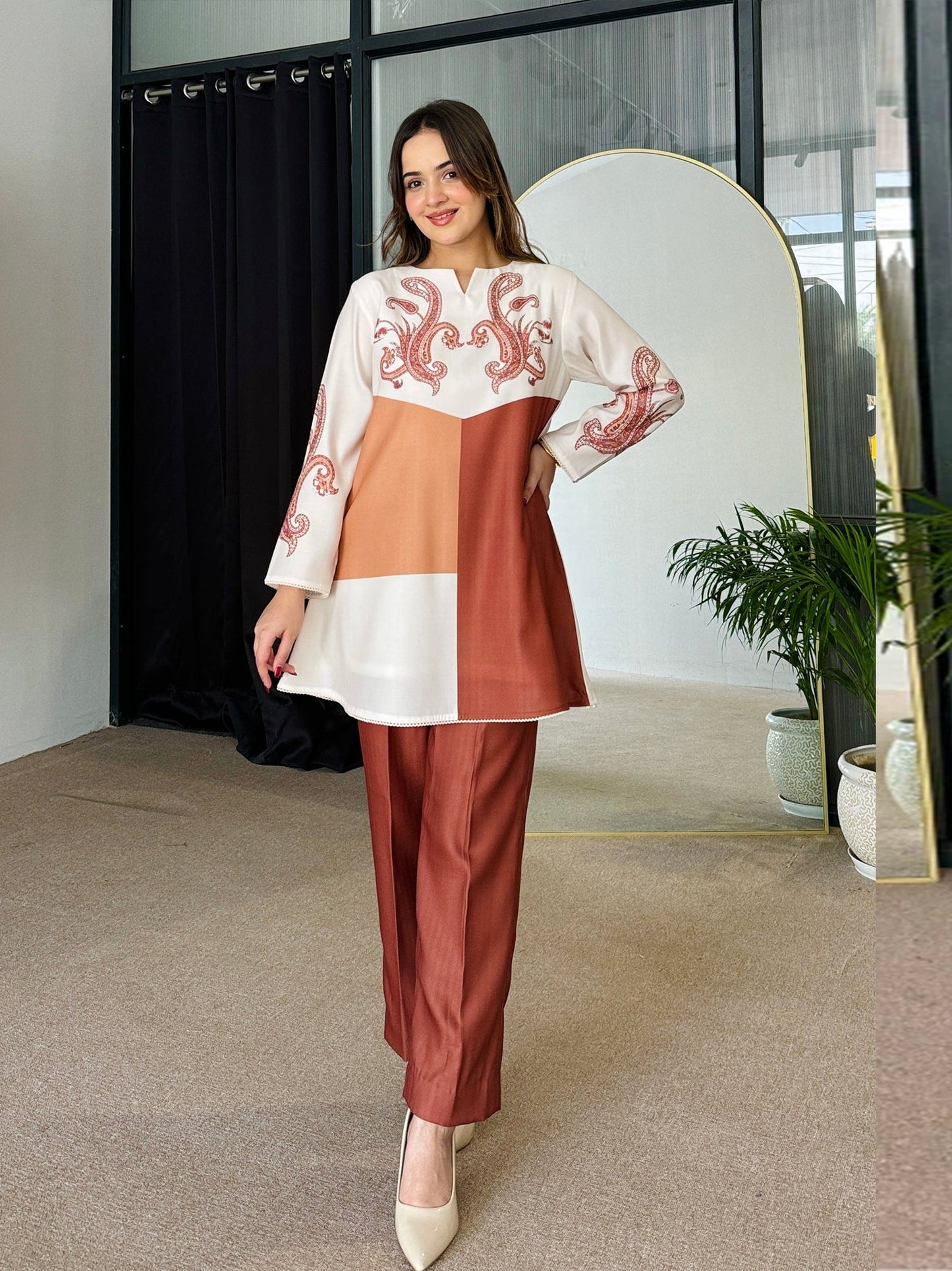 Tan Color Block  Coord Set D6048 - kharidari