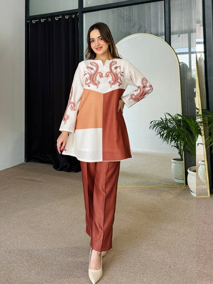 Tan Color Block  Coord Set D6048 - kharidari