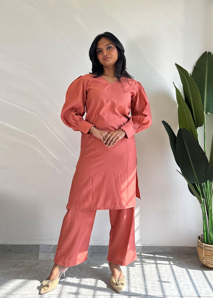Peach Roman Silk Kurta Set with dupatta front view