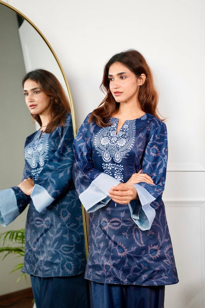 Navy Blue Printed Rayon Co-ord Set with Contrast Detailing D6291