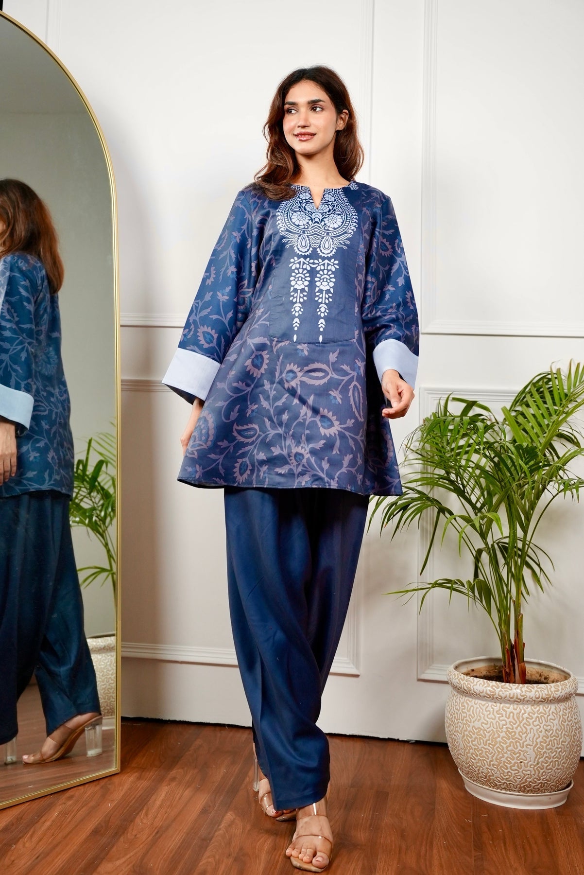 Navy Blue Printed Rayon Co-ord Set with Contrast Detailing D6291