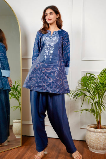 Navy Blue Printed Rayon Co-ord Set with Contrast Detailing D6291
