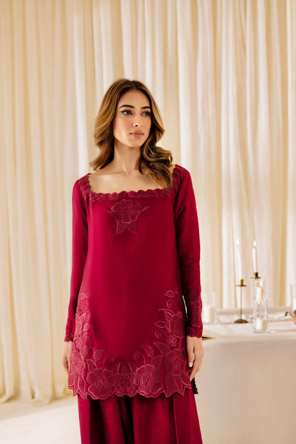 "The Ruby Blossom Ensemble: Deep Red Embroidered Raw Silk Suit" D6325