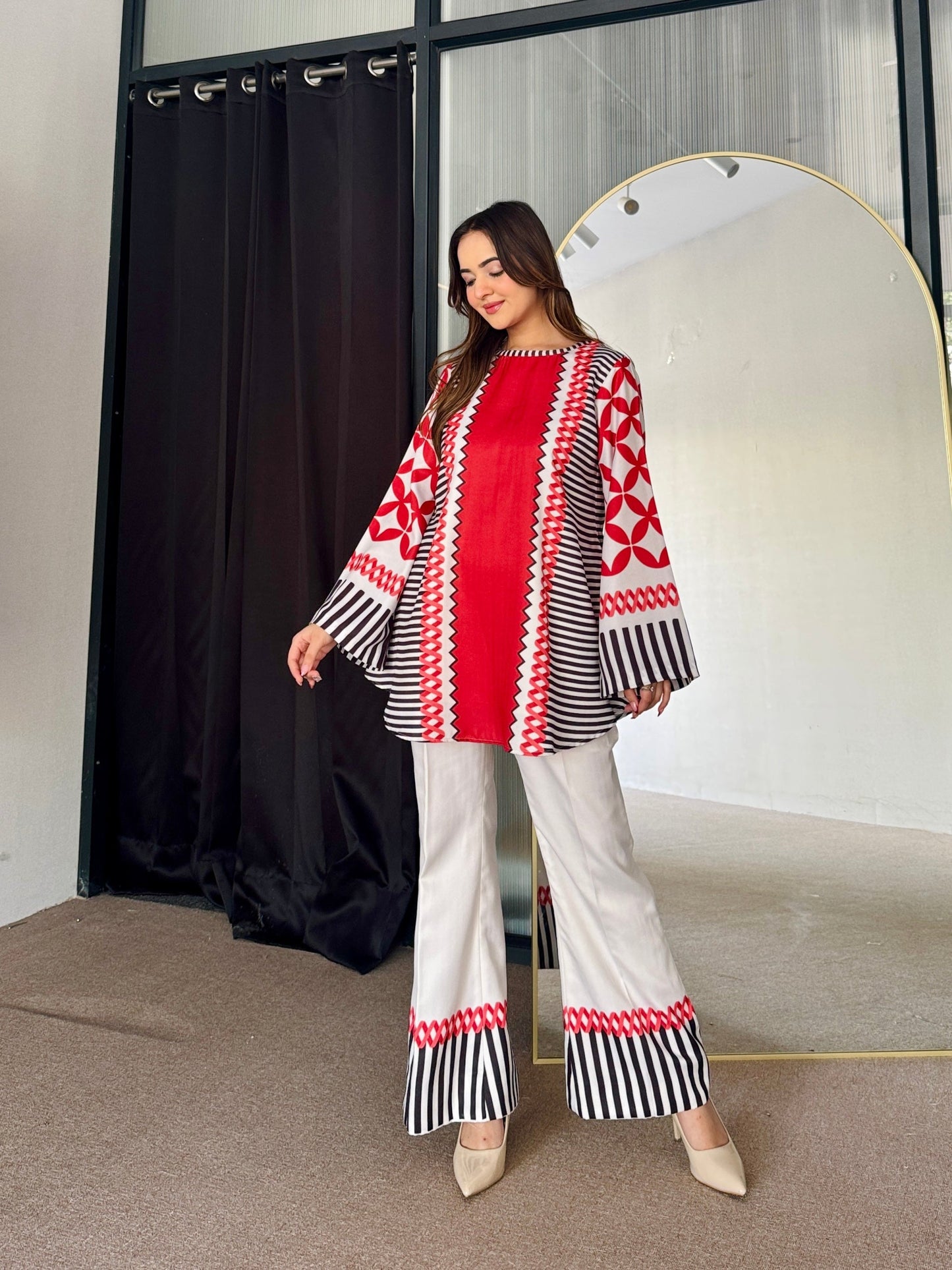Red & White Fusion Co-ord Set D6077 - kharidari