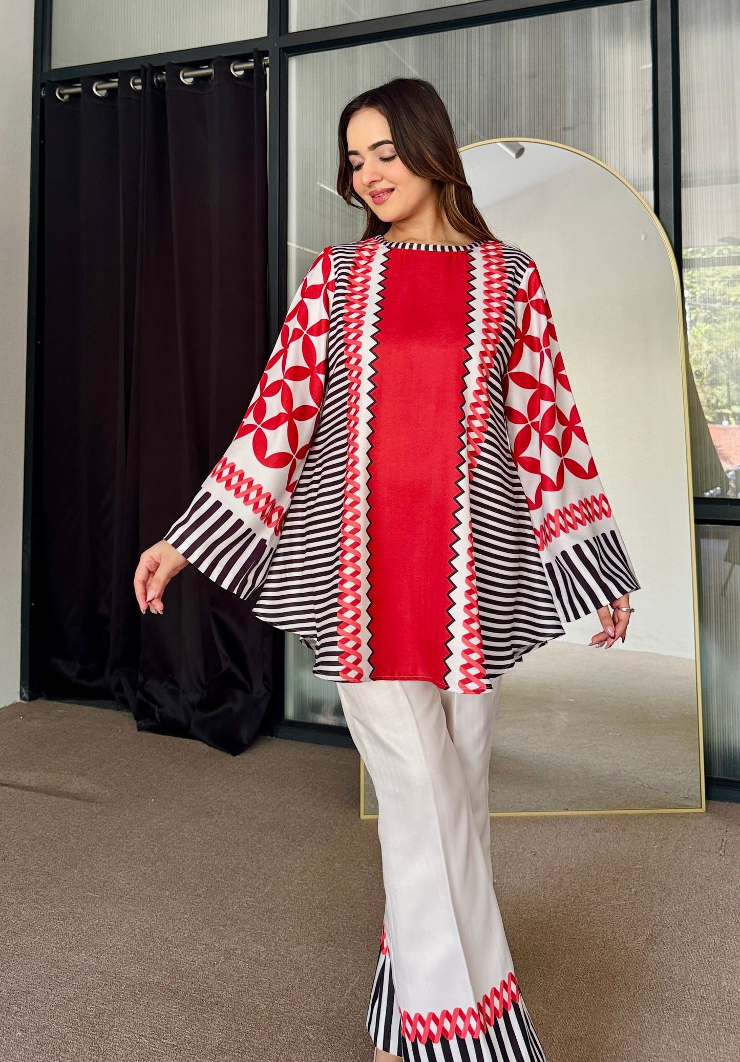 Red & White Fusion Co-ord Set D6077 - kharidari