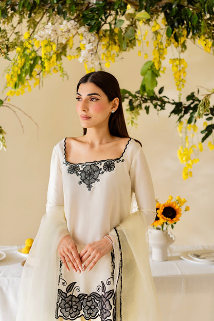 Ivory White Ensemble with Intricate Black Threadwork Square Neck Kurta Set  D6323