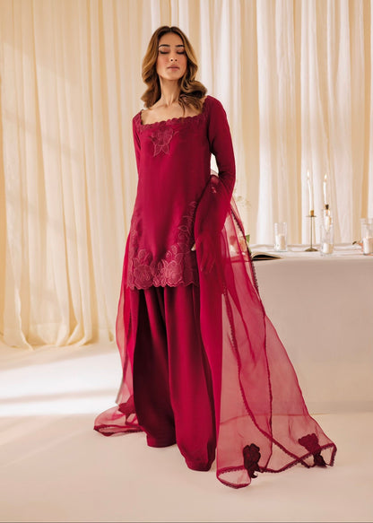 "The Ruby Blossom Ensemble: Deep Red Embroidered Raw Silk Suit" D6325