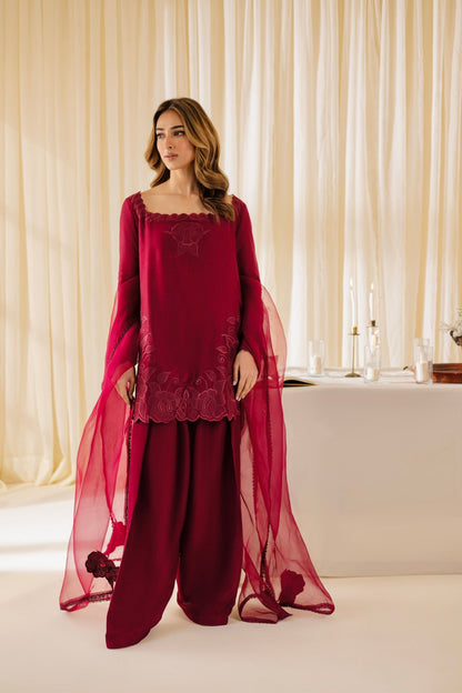 "The Ruby Blossom Ensemble: Deep Red Embroidered Raw Silk Suit" D6325