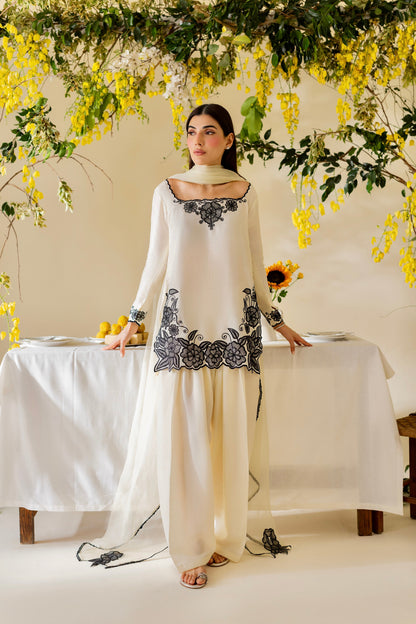 Ivory White Ensemble with Intricate Black Threadwork Square Neck Kurta Set  D6323