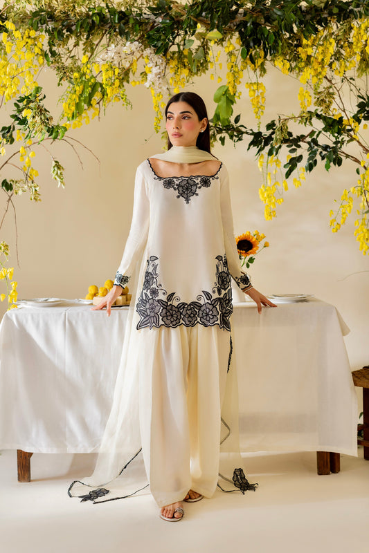 Ivory White Ensemble with Intricate Black Threadwork Square Neck Kurta Set  D6323