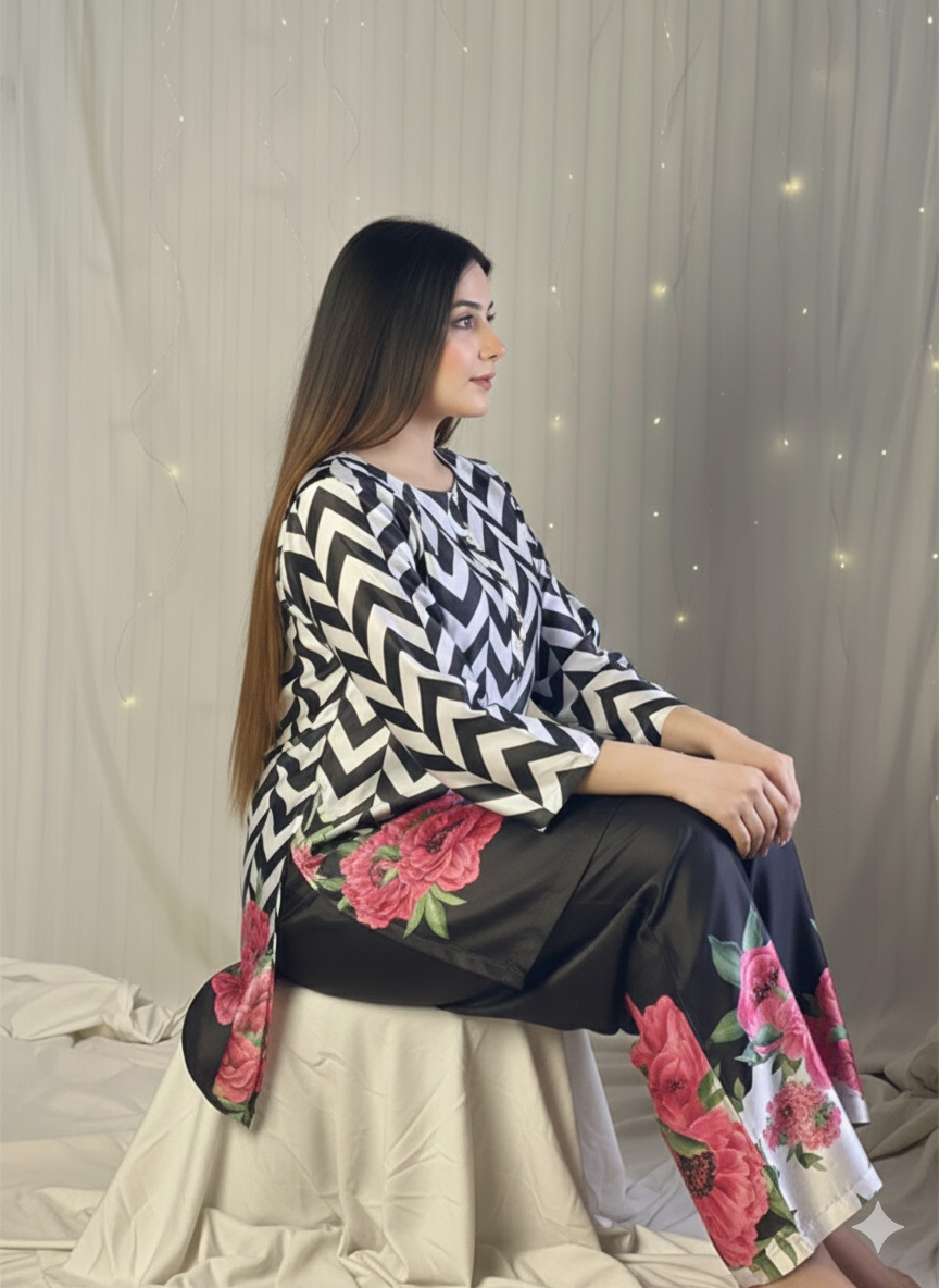 Black & White Satin Kurta Set with Pink Floral Motif Print D6313