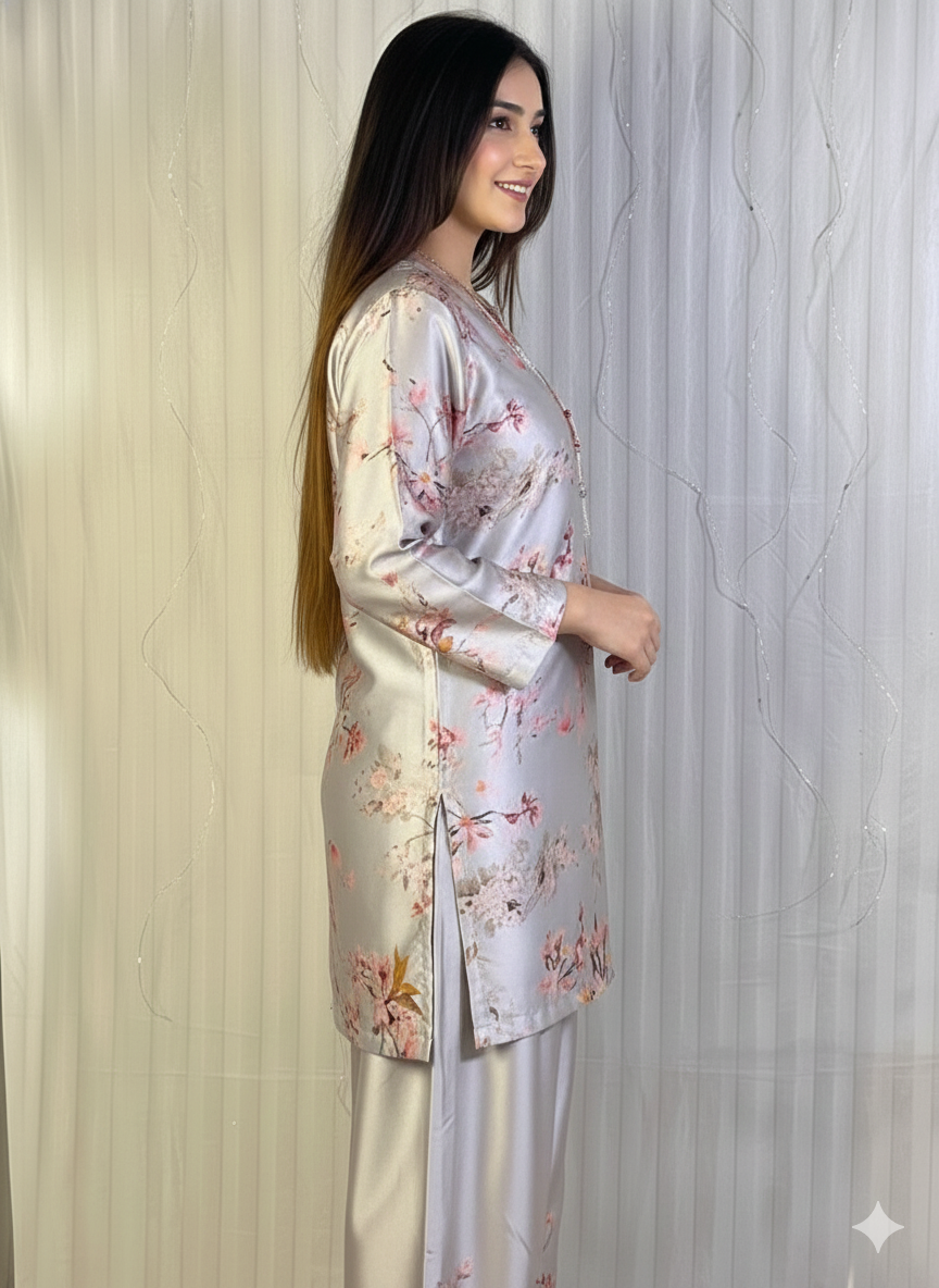 Chic Floral Printed Satin Co-ord Set for Parties & Casual Wear D6314