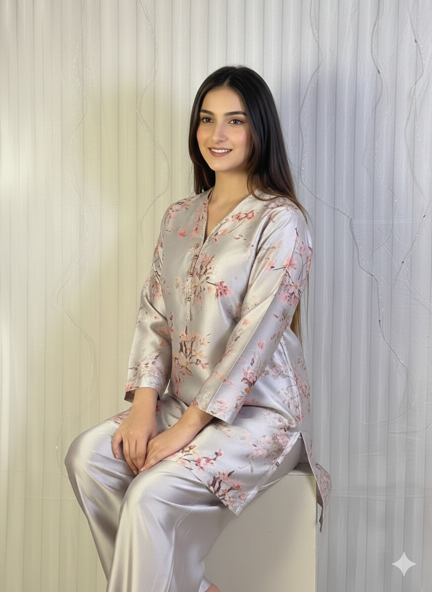 Chic Floral Printed Satin Co-ord Set for Parties & Casual Wear D6314