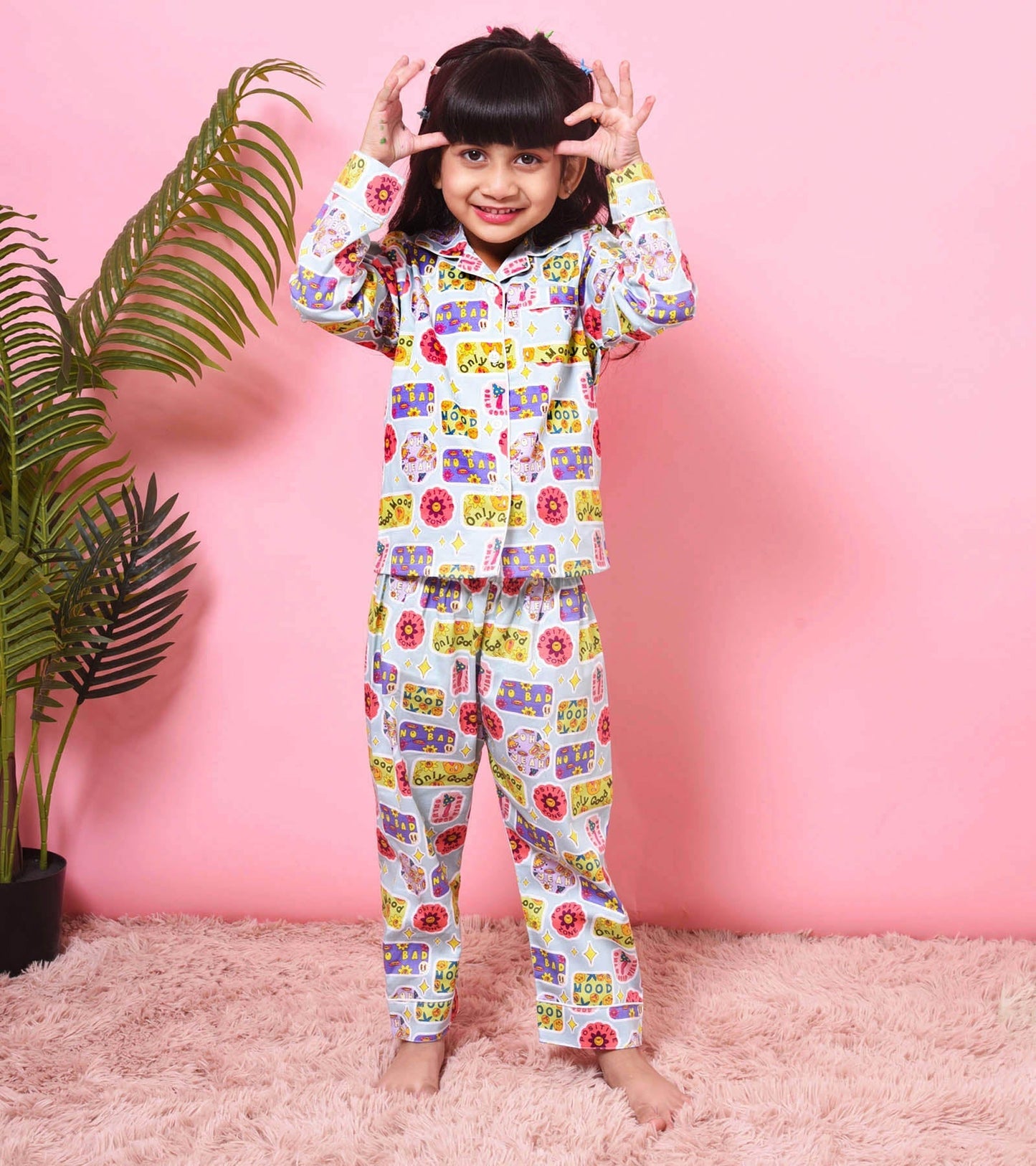 Good Mood Text Printed Girls Nightsuit Set D111