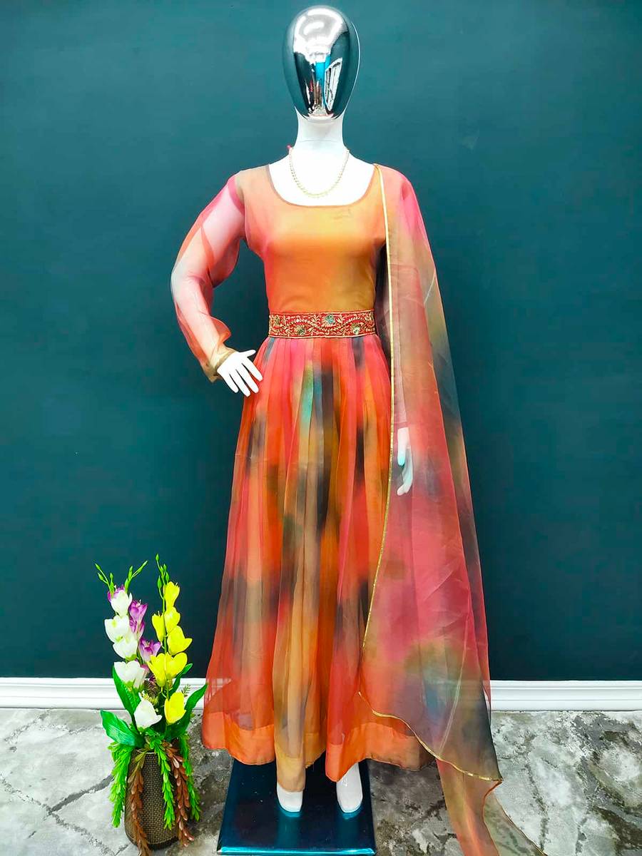 Heavy Organza Silk With Shibori Style Digital Print Gown vt000732-2