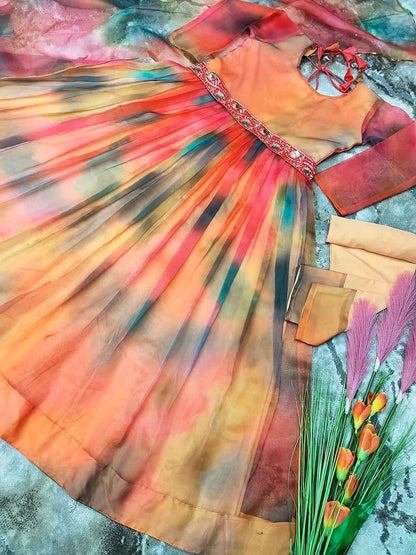 Heavy Organza Silk With Shibori Style Digital Print Gown vt000732-3