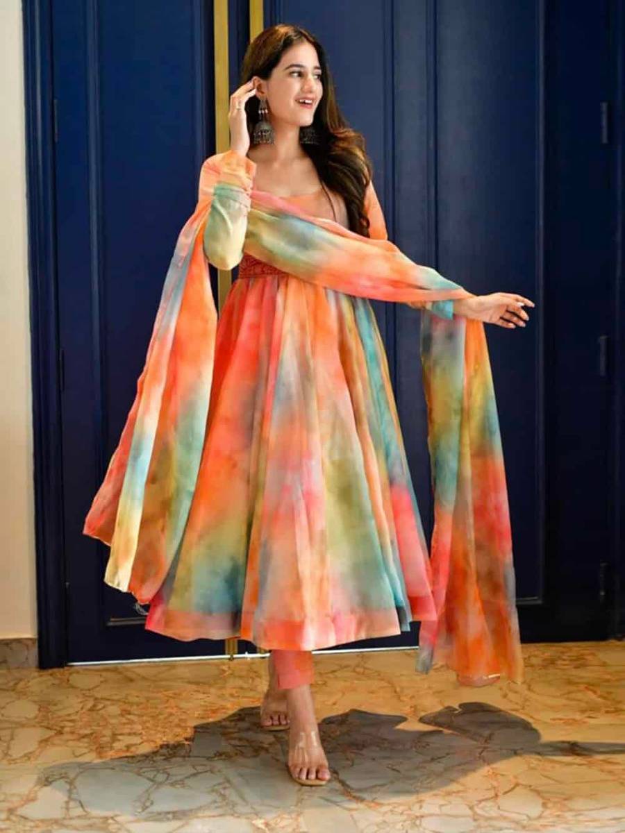 Heavy Organza Silk With Shibori Style Digital Print Gown vt000732-4