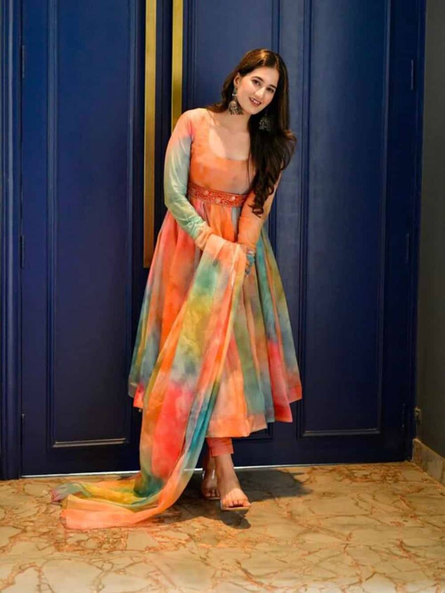 Heavy Organza Silk With Shibori Style Digital Print Gown vt000732-5