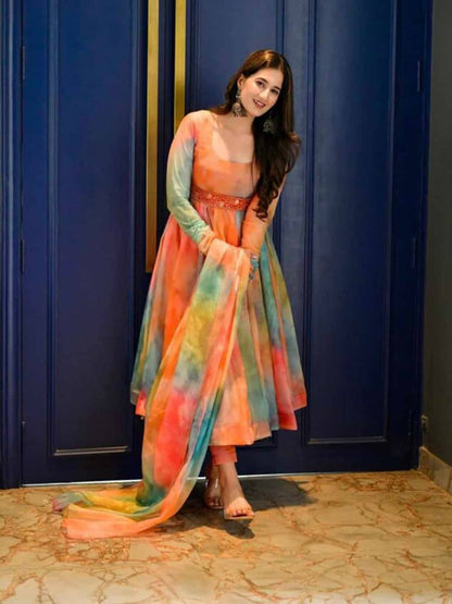 Heavy Organza Silk With Shibori Style Digital Print Gown vt000732-5