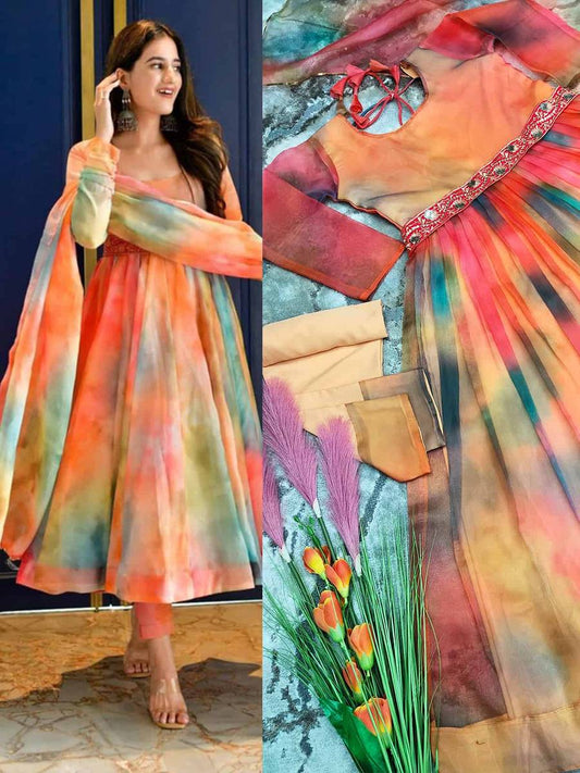 Heavy Organza Silk With Shibori Style Digital Print Gown vt000732