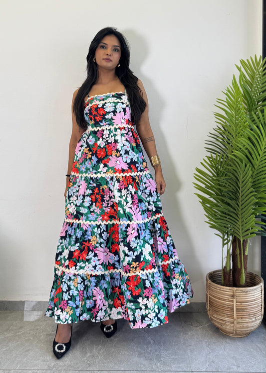 Unique Pink Flower Printed cotton One Piece Dress D6135