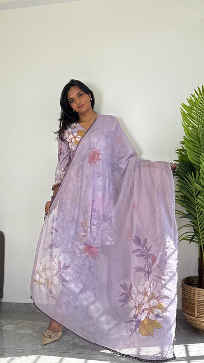 Purple Floral Printed Suit Set with Dupatta  Elegant Ethnic Wear D6173 - kharidari