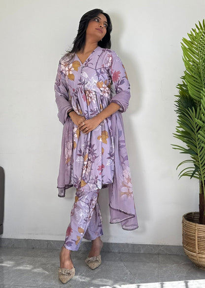 Purple Floral Printed Suit Set with Dupatta  Elegant Ethnic Wear D6173 - kharidari