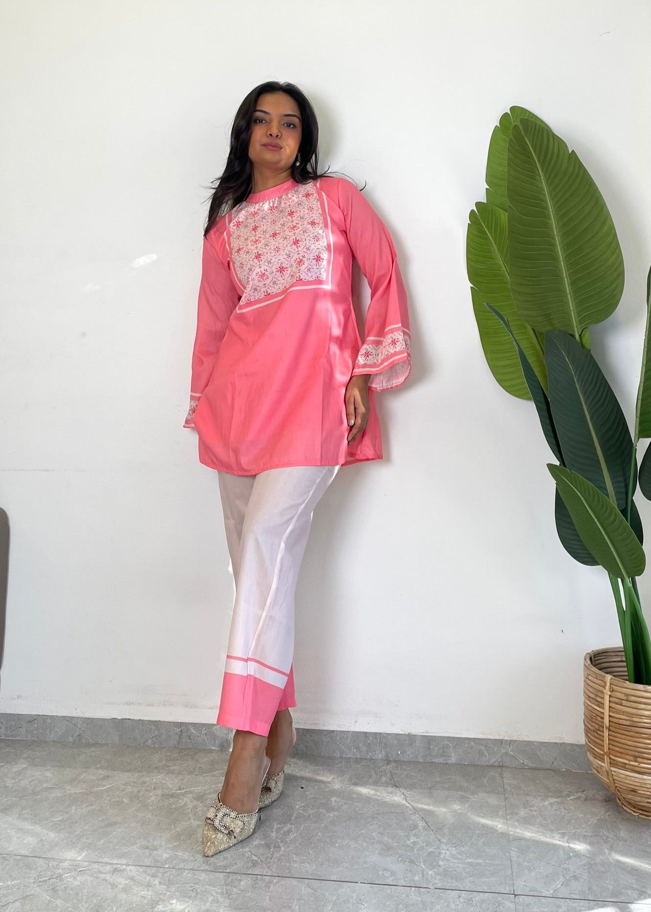 Pink Flower Printed Dual-Color Co-ord Set D6072 - kharidari