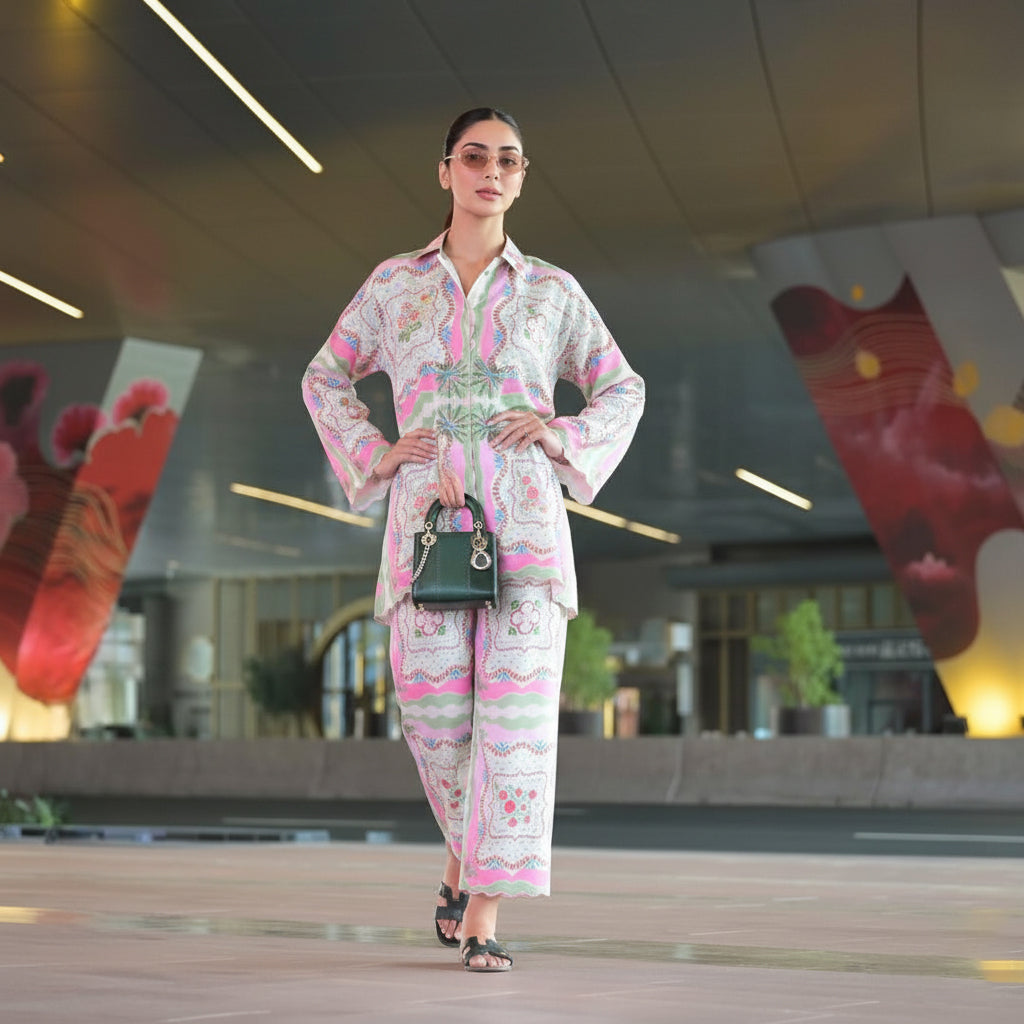 Serene Petals Premium Coord Set – A Modern Take on Soft Florals and Laid-Back Luxury D6309