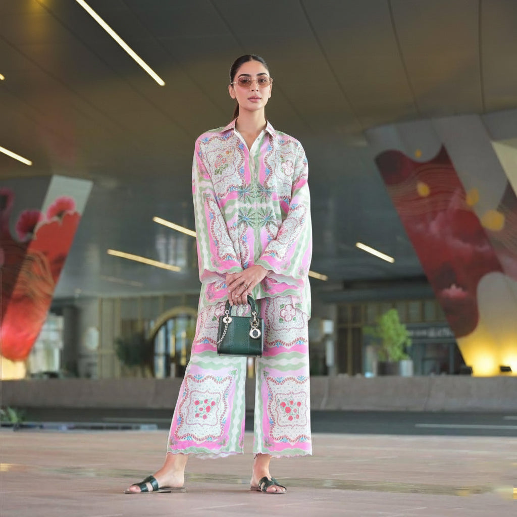 Serene Petals Premium Coord Set – A Modern Take on Soft Florals and Laid-Back Luxury D6309