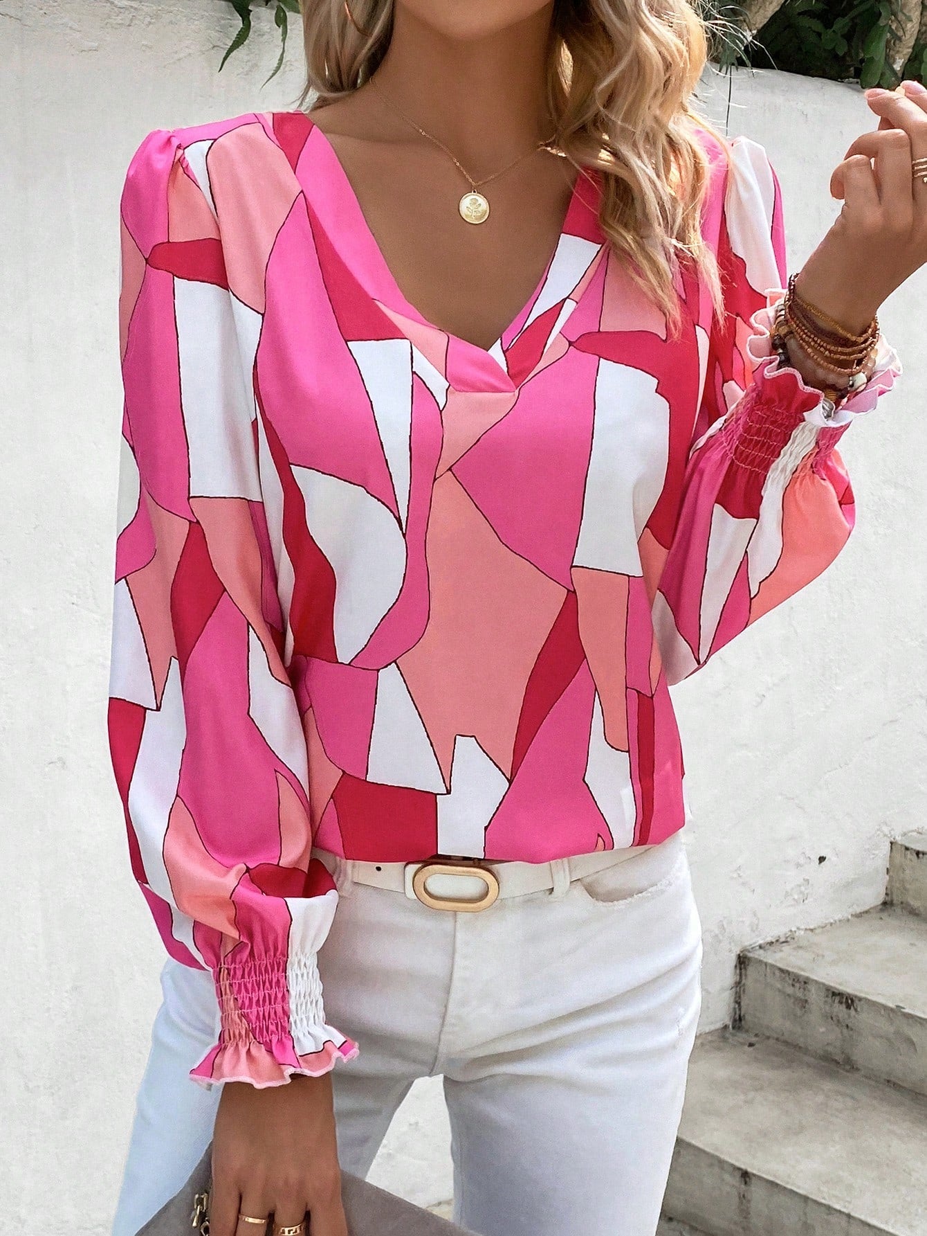 Pink Geo Print Lantern Sleeve T-Shirt VT-01162