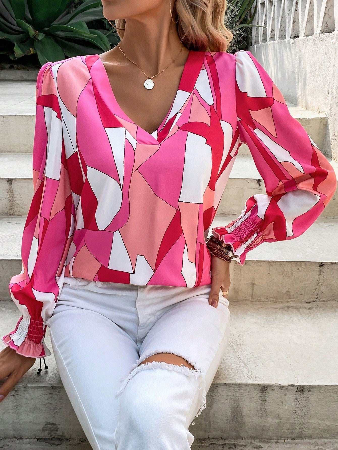 Pink Geo Print Lantern Sleeve T-Shirt VT-01162