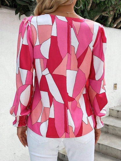 Pink Geo Print Lantern Sleeve T-Shirt VT-01162 - kharidari