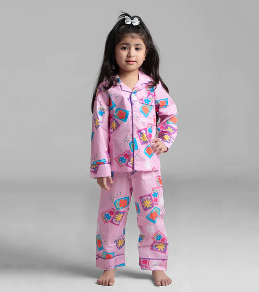 Pink Postcard Printed Girls Nightsuit Set D103