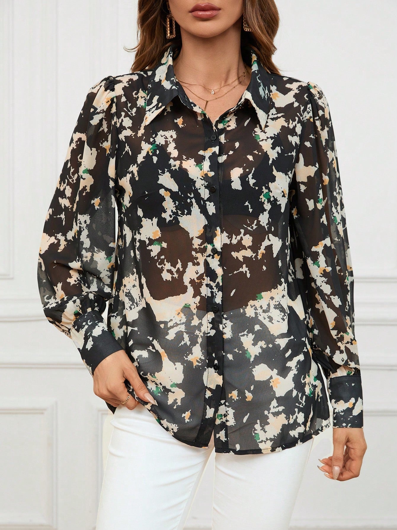 womens Splash Printed Long Sleeve Shirt VT-01178