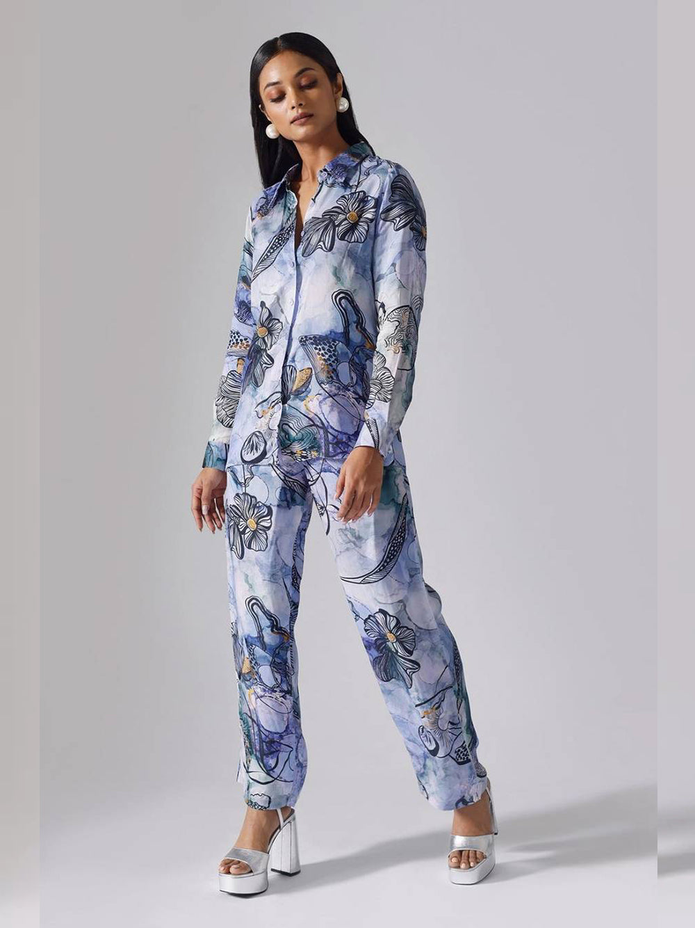 Stunning Printed Shirt Collar Co-Ord Set (Sky) VT-01122-B - kharidari