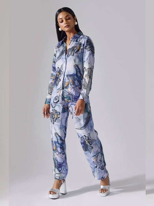 Stunning Printed Shirt Collar Co-Ord Set (Sky) VT-01122-B - kharidari