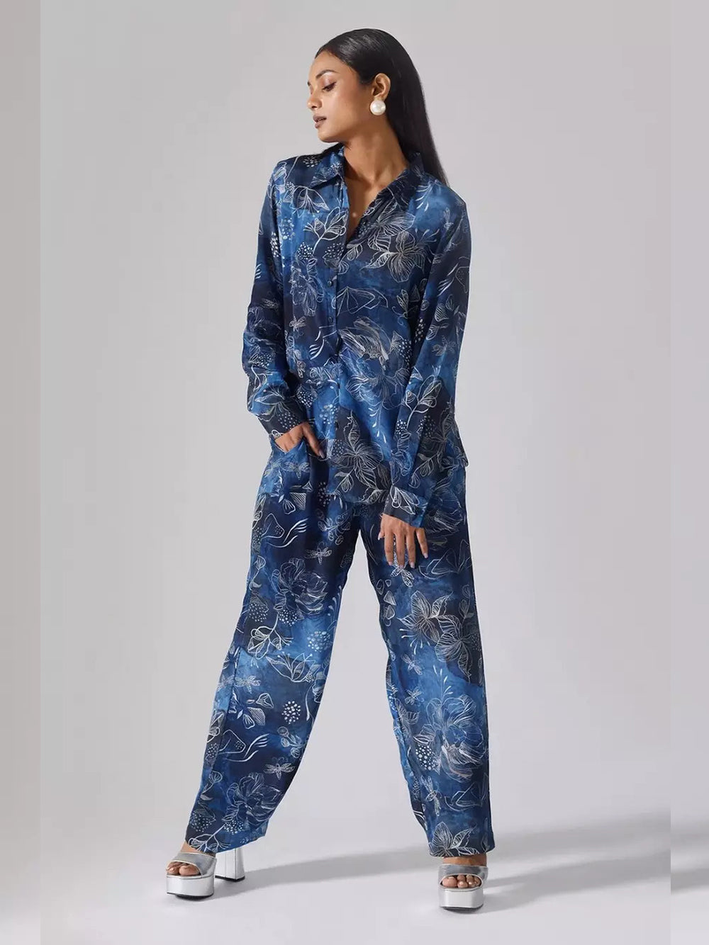 Stunning Printed Shirt Collar Co-Ord Set (Blue) VT-01122-C